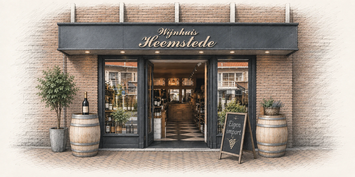 Tekening van de winkelgevel van Wijnhuis Heemstede