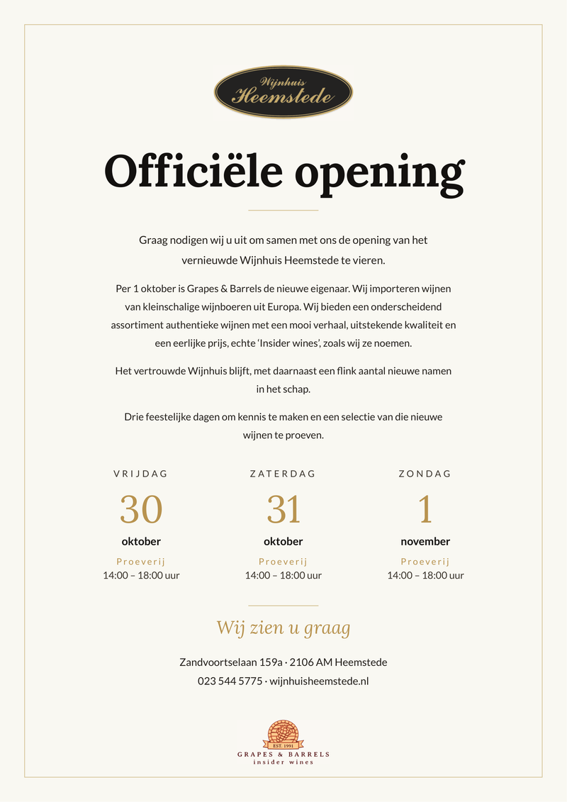 Uitnodiging officiële opening Wijnhuis Heemstede